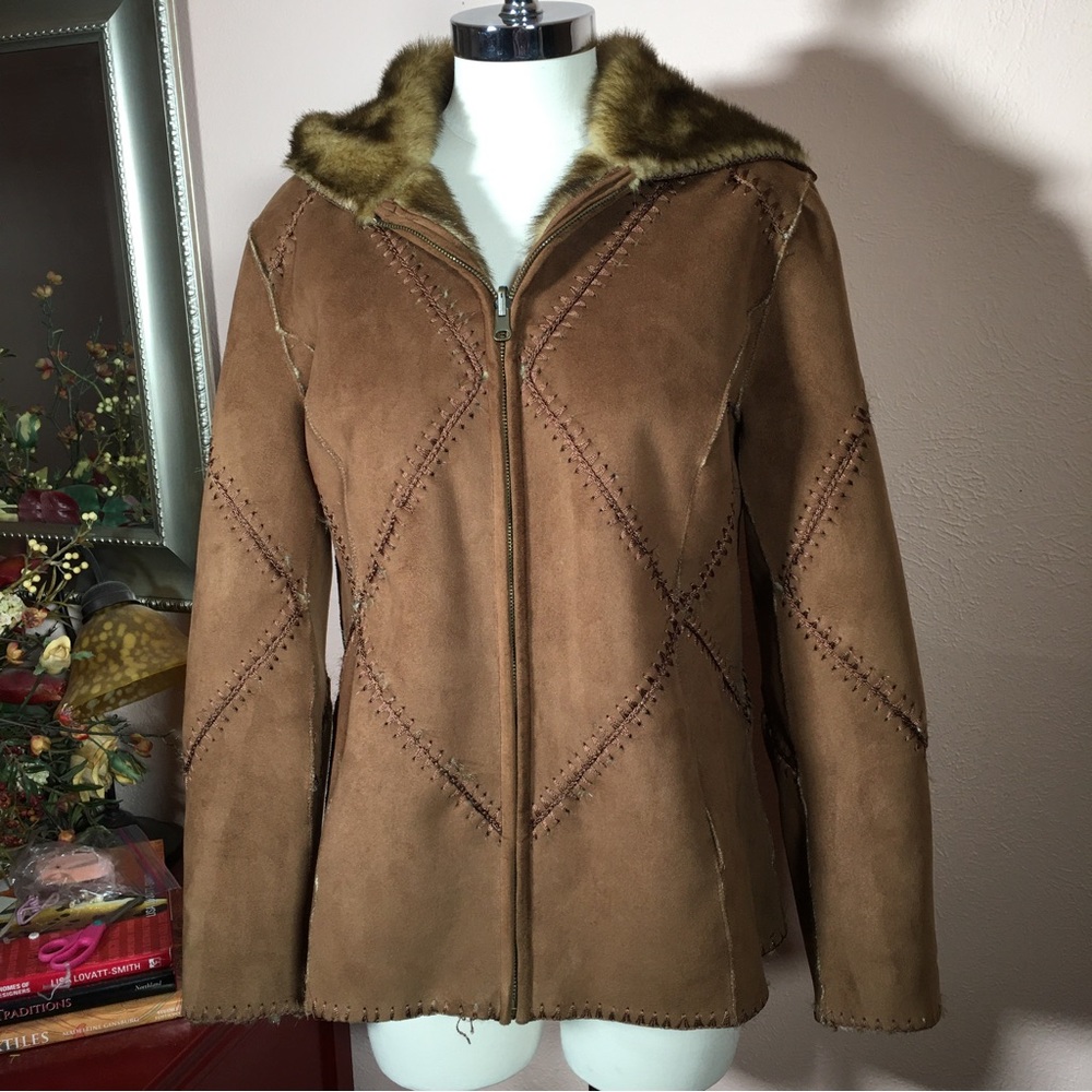 Pamela McCoy Faux Fur Brown Patchwork Faux Leather Coat with Hood
